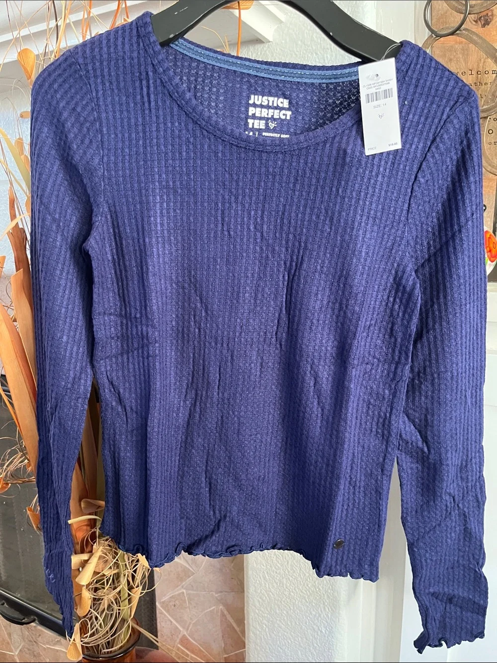 Justice Long Sleeve Ribbed Top in Navy